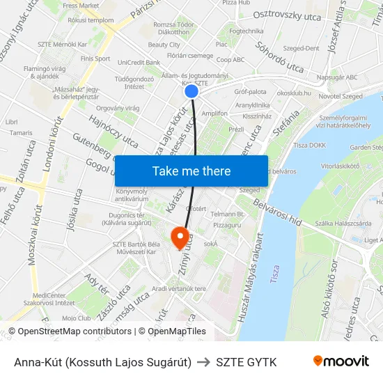 Anna-Kút (Kossuth Lajos Sugárút) to SZTE GYTK map