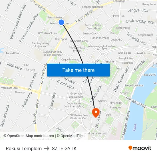 Rókusi Templom to SZTE GYTK map