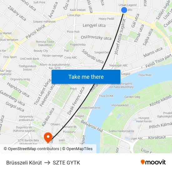 Brüsszeli Körút to SZTE GYTK map