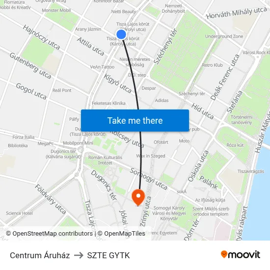 Centrum Áruház to SZTE GYTK map
