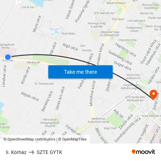 Ii. Kórház to SZTE GYTK map