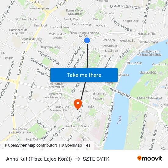 Anna-Kút (Tisza Lajos Körút) to SZTE GYTK map