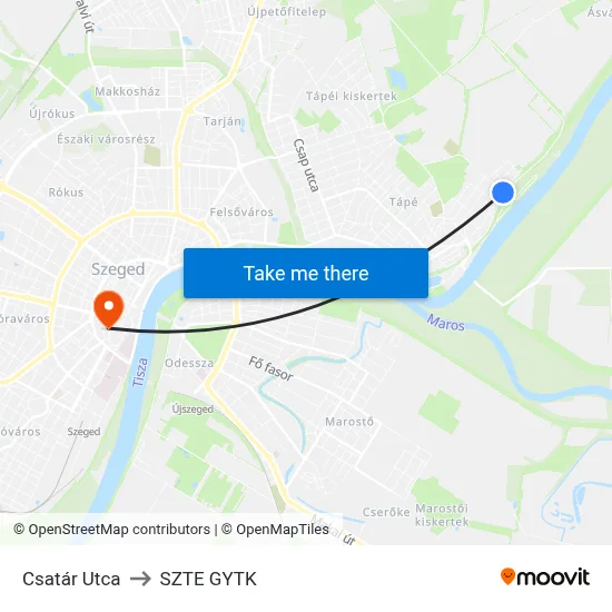 Csatár Utca to SZTE GYTK map