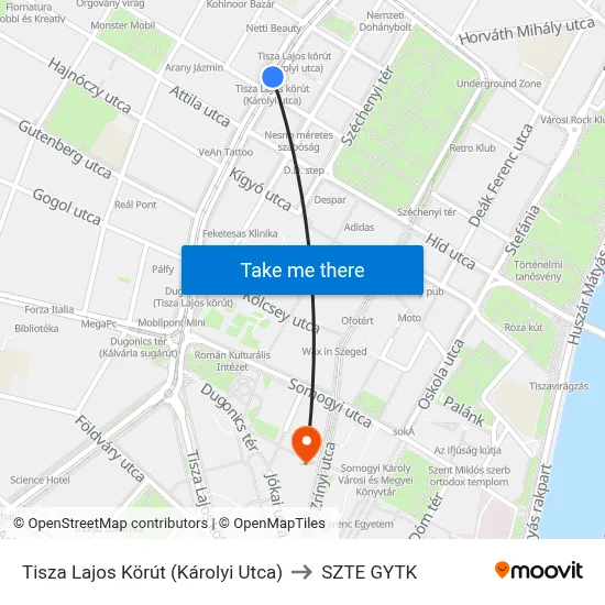 Tisza Lajos Körút (Károlyi Utca) to SZTE GYTK map