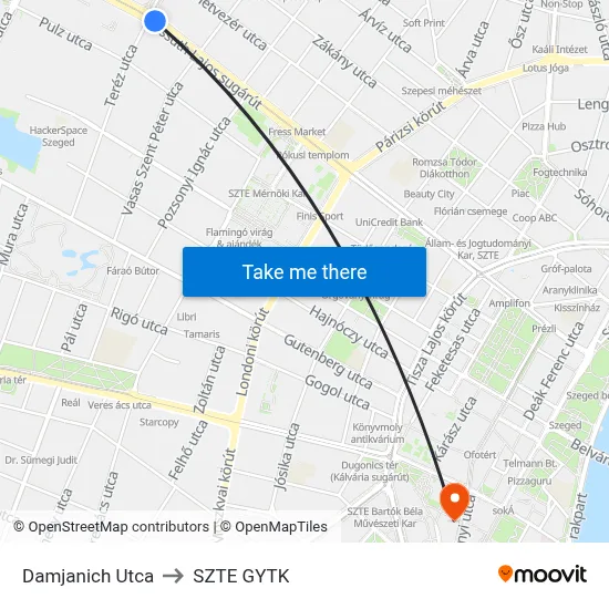 Damjanich Utca to SZTE GYTK map