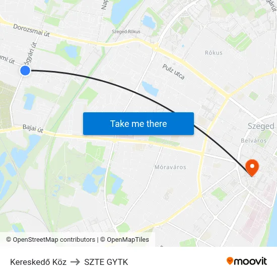 Kereskedő Köz to SZTE GYTK map