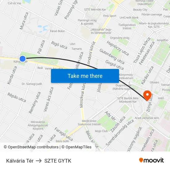 Kálvária Tér to SZTE GYTK map