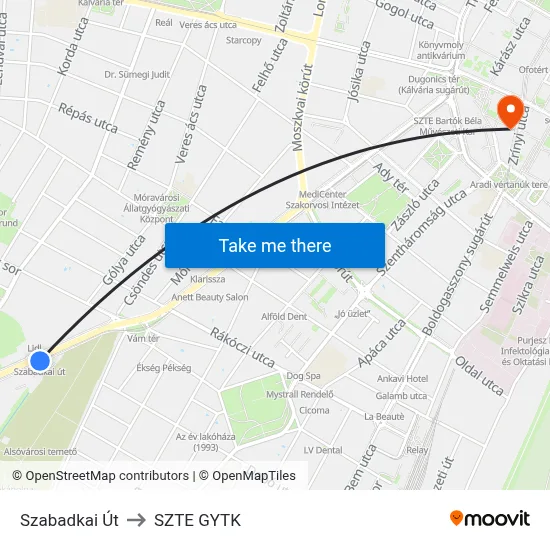 Szabadkai Út to SZTE GYTK map