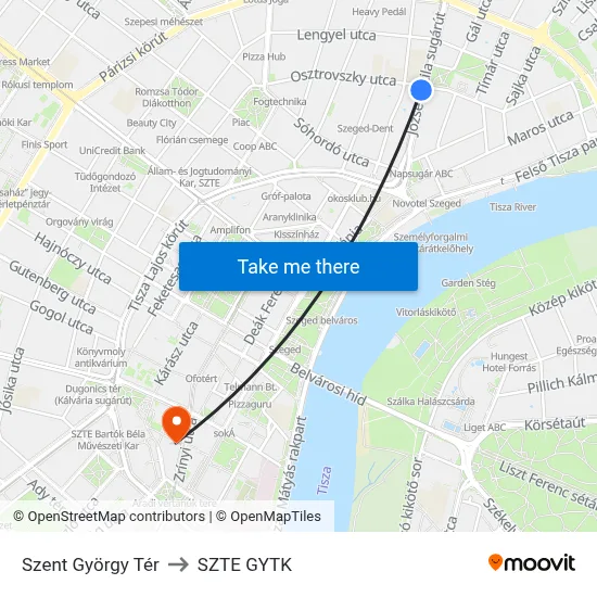 Szent György Tér to SZTE GYTK map