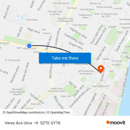 Veres Ács Utca to SZTE GYTK map
