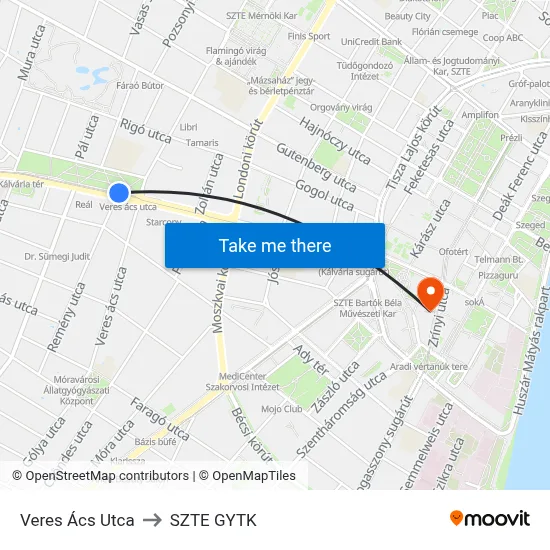 Veres Ács Utca to SZTE GYTK map