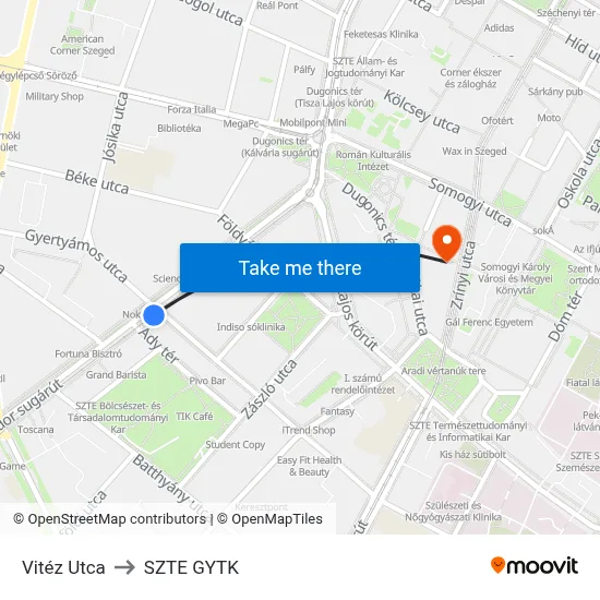 Vitéz Utca to SZTE GYTK map