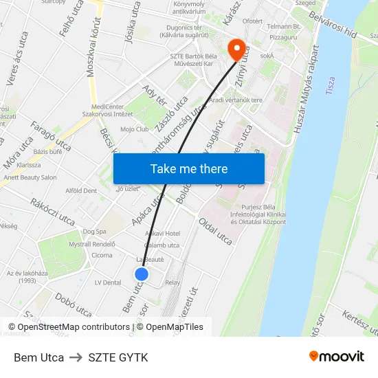 Bem Utca to SZTE GYTK map