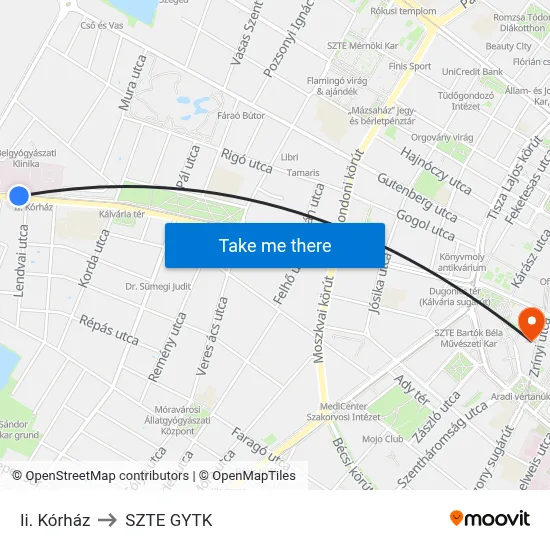 Ii. Kórház to SZTE GYTK map