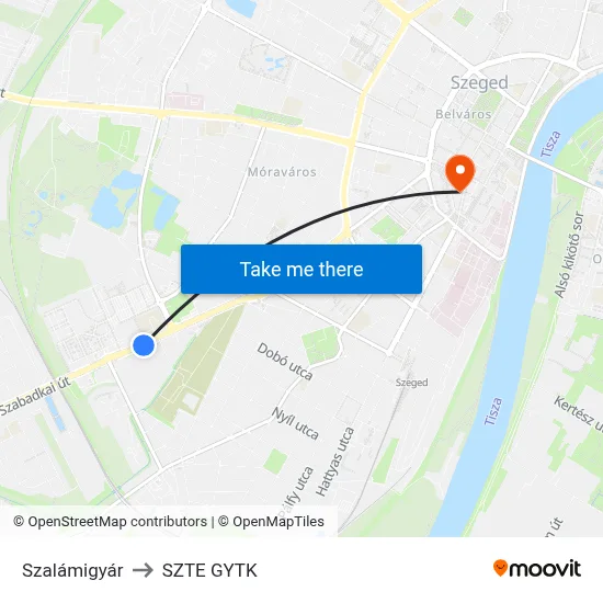 Szalámigyár to SZTE GYTK map
