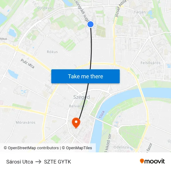 Sárosi Utca to SZTE GYTK map