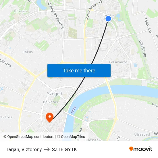 Tarján, Víztorony to SZTE GYTK map