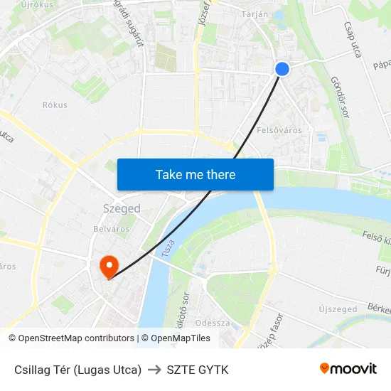 Csillag Tér (Lugas Utca) to SZTE GYTK map