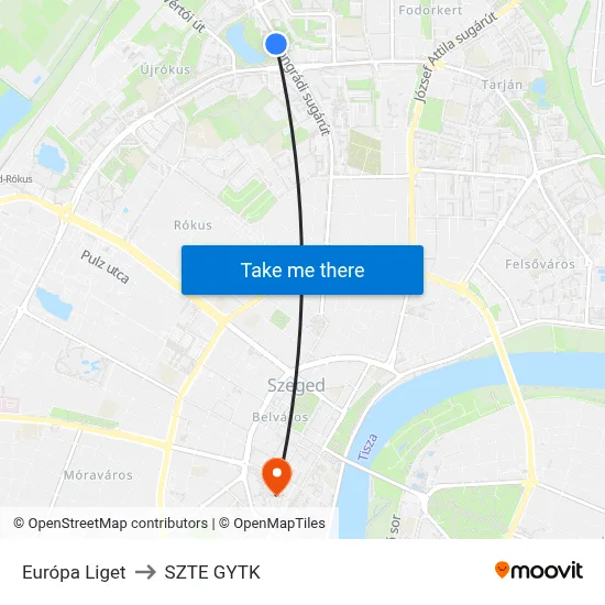 Európa Liget to SZTE GYTK map