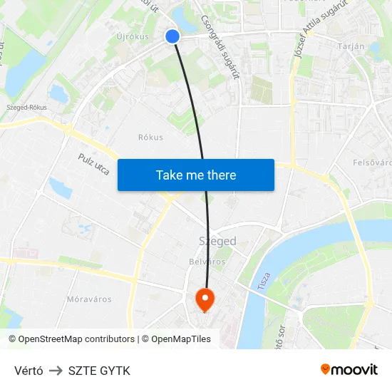 Vértó to SZTE GYTK map