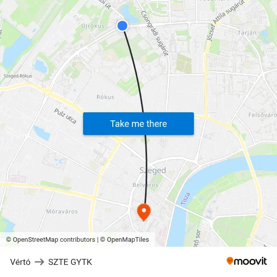 Vértó to SZTE GYTK map