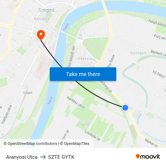 Aranyosi Utca to SZTE GYTK map