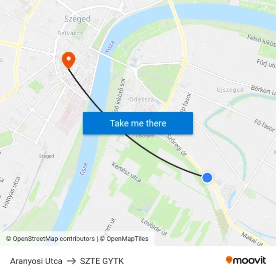 Aranyosi Utca to SZTE GYTK map