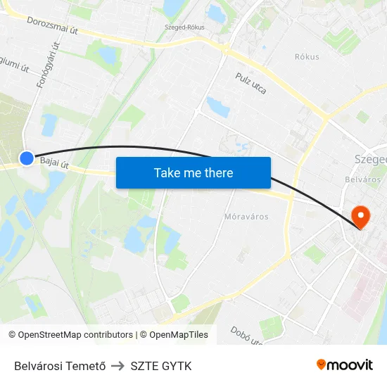 Belvárosi Temető to SZTE GYTK map