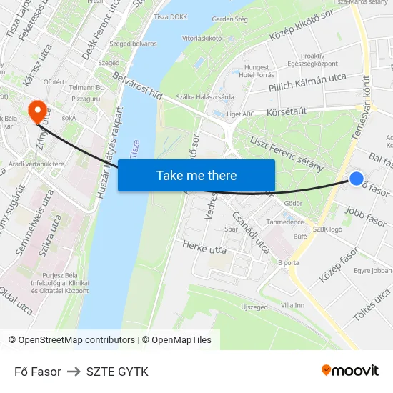 Fő Fasor to SZTE GYTK map