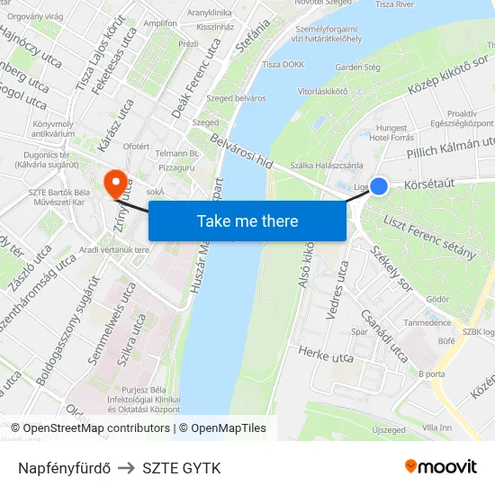 Napfényfürdő to SZTE GYTK map