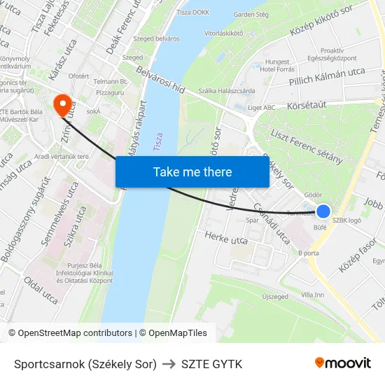 Sportcsarnok (Székely Sor) to SZTE GYTK map