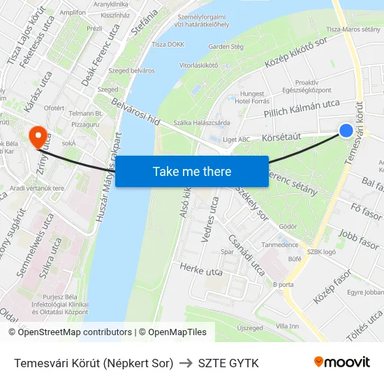 Temesvári Körút (Népkert Sor) to SZTE GYTK map