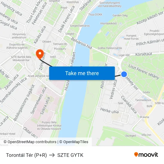 Torontál Tér (P+R) to SZTE GYTK map