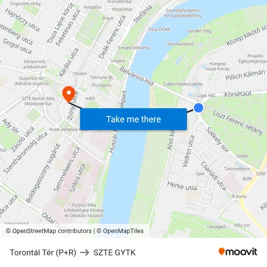 Torontál Tér (P+R) to SZTE GYTK map