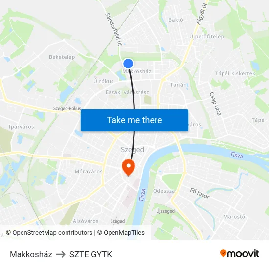 Makkosház to SZTE GYTK map