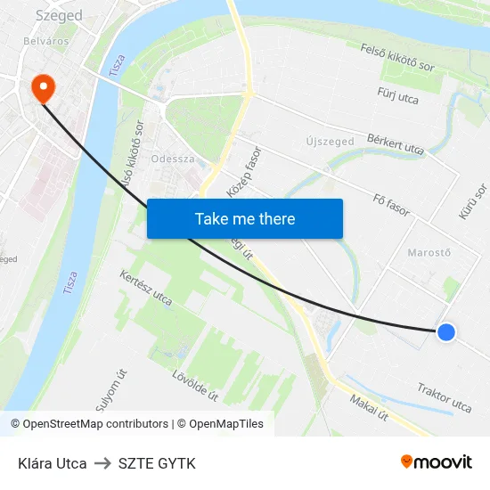Klára Utca to SZTE GYTK map