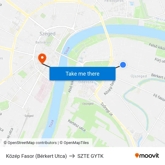 Közép Fasor (Bérkert Utca) to SZTE GYTK map