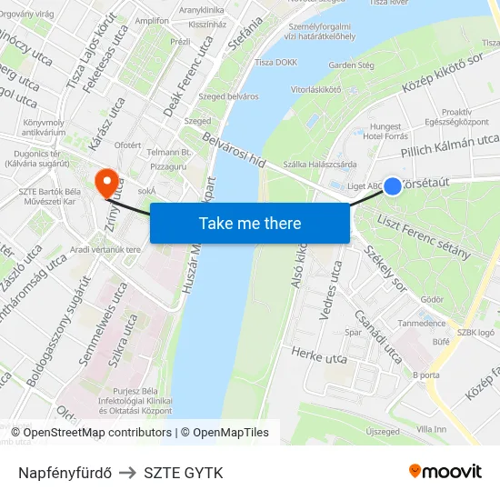 Napfényfürdő to SZTE GYTK map