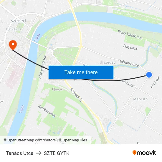 Tanács Utca to SZTE GYTK map