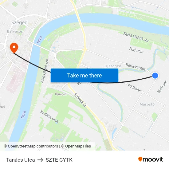 Tanács Utca to SZTE GYTK map