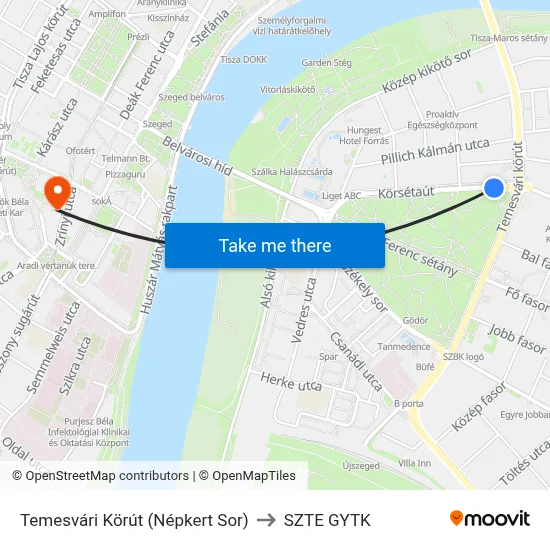 Temesvári Körút (Népkert Sor) to SZTE GYTK map