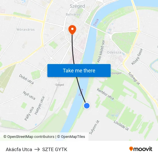 Akácfa Utca to SZTE GYTK map