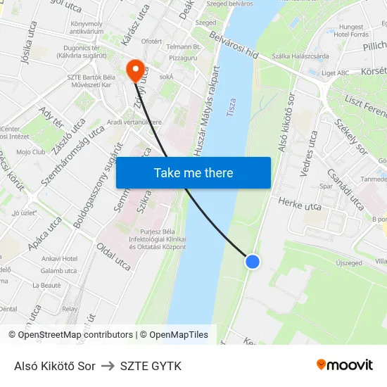 Alsó Kikötő Sor to SZTE GYTK map
