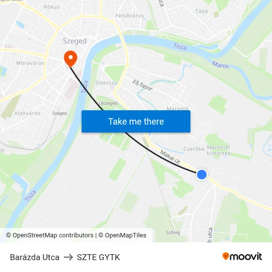 Barázda Utca to SZTE GYTK map