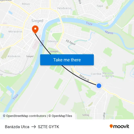 Barázda Utca to SZTE GYTK map