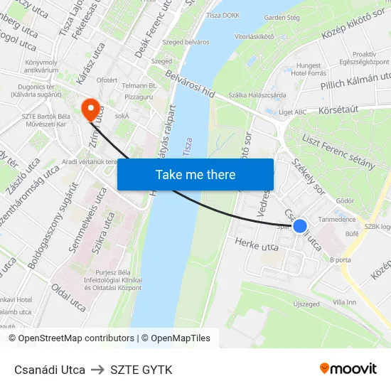 Csanádi Utca to SZTE GYTK map