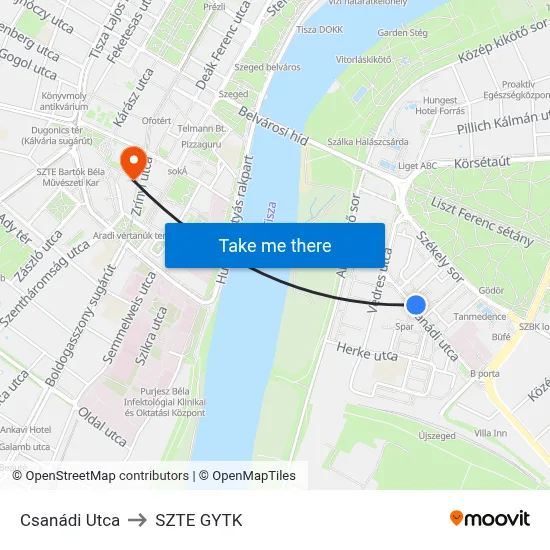 Csanádi Utca to SZTE GYTK map