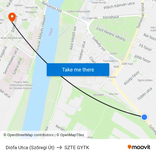 Diófa Utca (Szőregi Út) to SZTE GYTK map