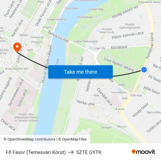 Fő Fasor (Temesvári Körút) to SZTE GYTK map