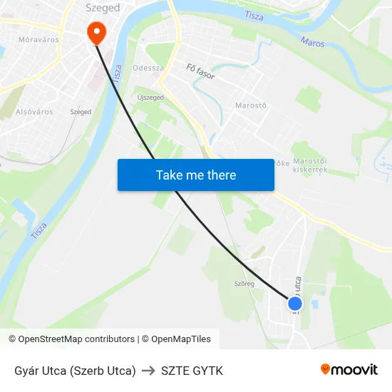 Gyár Utca (Szerb Utca) to SZTE GYTK map